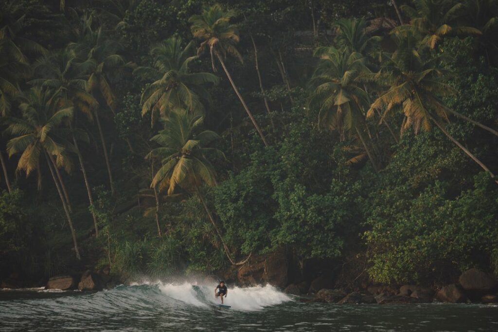 surfer riding a small wave at a tropical surf spot